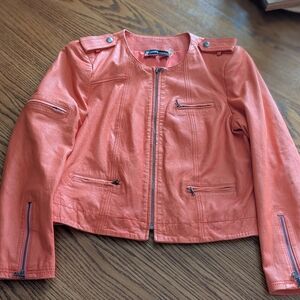 Alice + Olivia Orange Coral  Leather MOTO  Jacket Size Small $898